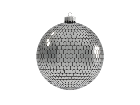 Dazzling silver disco ball on a deep black background, perfect for electrifying party designs, vibrant nightlife promotions, retro event themes, and festive celebration graphics. A shimmering symbo