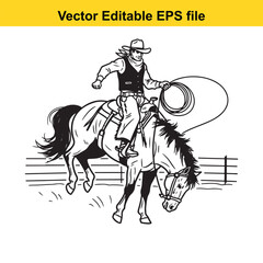 Naklejka premium Black and white vector line art illustration of a cowboy riding a bucking horse while holding a lasso, isolated on