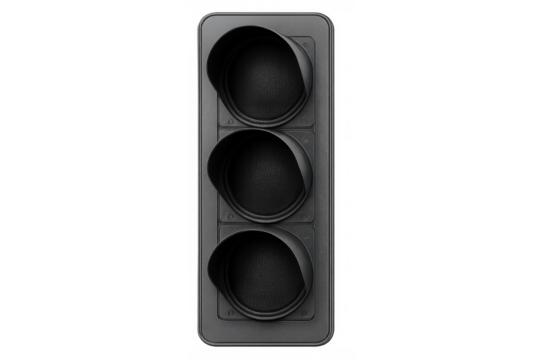 Traffic light controlling intersection movement with three empty dark lenses, indicating a non-functional signal on transparent background
