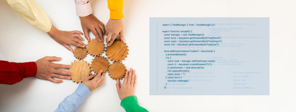 Hands of diverse individuals collaboratively engage with wooden gears and coding elements, symbolizing teamwork and innovative problem-solving in modern development environments. Trope