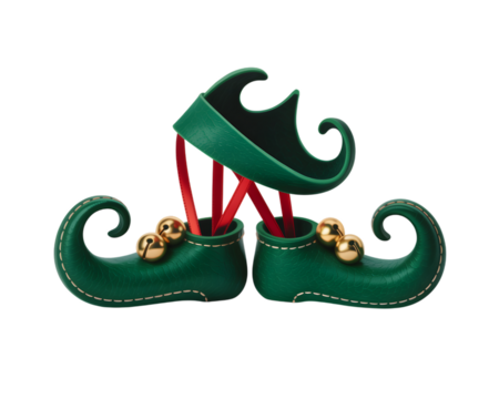 Festive green elf shoes with golden bells & red ribbons, perfect for Christmas holiday themes. Whimsical design for seasonal celebrations, Santa's workshop, & joyful backgrounds. Ideal for winter &