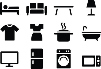 Set of black solid home furniture and appliance icons 