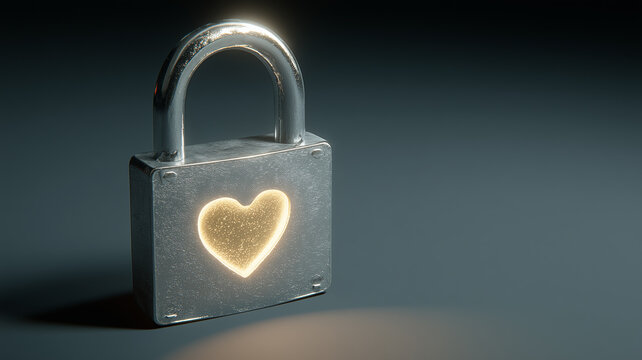 Metal padlock with luminous heart emblem, expressing romantic commitment emotional security and the promise of a protected lasting relationship.
