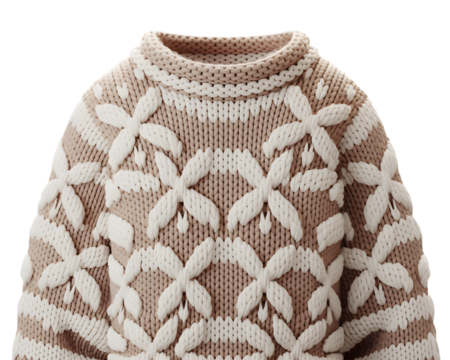 Cozy chunky knit sweater, showcasing unique white snowflake patterns on a warm beige background. Perfect for winter fashion, handmade textile texture, and comfortable cold-weather apparel.