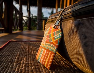 Colorful luggage tag attached to a bag on a woven mat