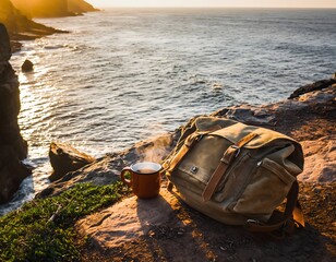 Canvas travel backpack with steaming coffee on a cliffside