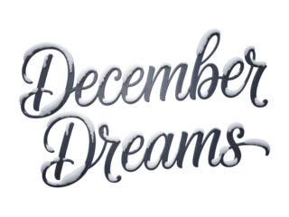 "December Dreams" elegant snowy typography text. Perfect for winter holiday designs, Christmas greetings, festive banners, and seasonal marketing. Isolated graphic element for your creative project