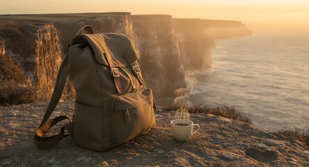 Backpack and Coffee on a Cliffside during a Scenic Sunset