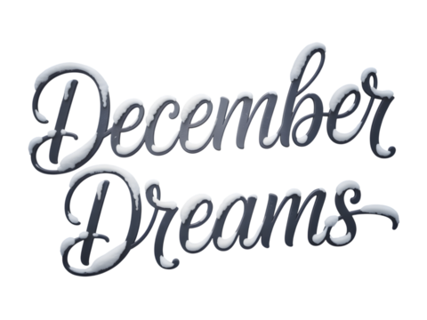 "December Dreams" elegant snowy typography text. Perfect for winter holiday designs, Christmas greetings, festive banners, and seasonal marketing. Isolated graphic element for your creative project