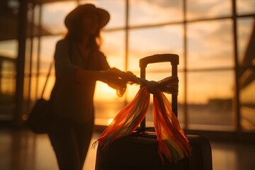 Woman adjusting scarf on carryon luggage at airport sunset