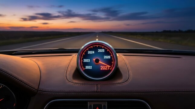 Car Speedometer Gauge Displaying Years 2021 to 2027 Timeline Concept