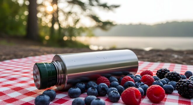 Shiny water flask resting on a checkered picnic cloth with berries