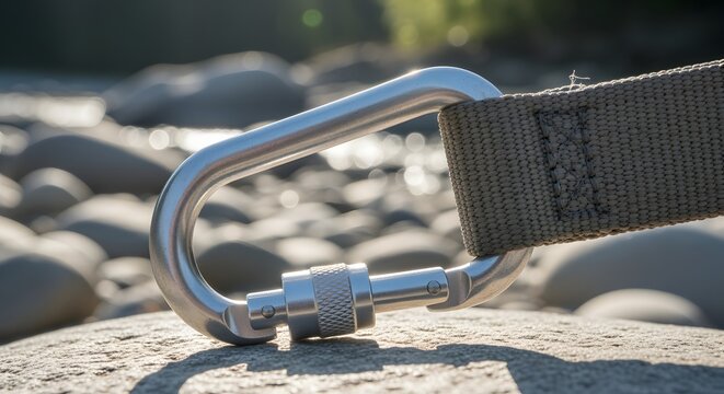 Metallic Carabiner Clipped onto a Woven Strap