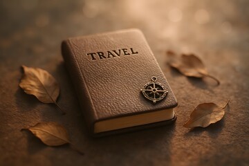 Close up of a travel journal with a compass and leaves
