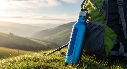 Blue Water Bottle Leaning Against Backpack on Grassy Hill