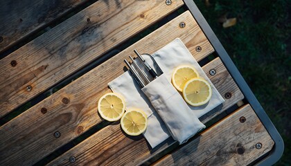 Reusable Travel Chopsticks Set with Lemon Slices on a Wooden Table