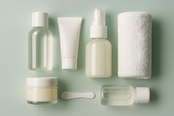 Neatly arranged travel sized toiletry kit with mini bottles and towel