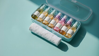 Travel toiletry kit with mini bottles and rolled towel neatly arranged