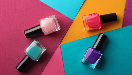 Obraz premium Nail Polish Bottles Display Vibrant Colors On A Multicolored Surface Reflecting Beauty And Modern Style Trends For Fashion