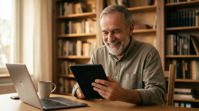Smiling Senior Man Using Digital Tablet in Home Library