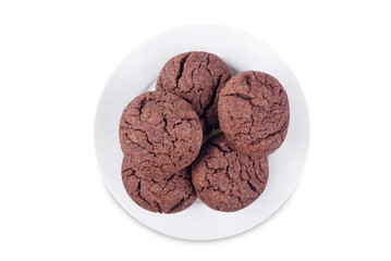 Chocolate chip cookies in a plate on a white isolated background