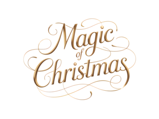 "Magic of Christmas" golden elegant text design for festive holiday celebrations. Ornate calligraphy on black background. Perfect for seasonal greetings, banners, cards, and decorations. Magical fe
