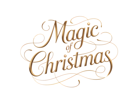 "Magic of Christmas" golden elegant text design for festive holiday celebrations. Ornate calligraphy on black background. Perfect for seasonal greetings, banners, cards, and decorations. Magical fe - Powered by Adobe