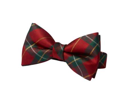 Elegant red and green plaid bow tie with golden accents on a black background, perfect for Christmas, holiday parties, or formal festive occasions. Classic tartan pattern for stylish men's fashion 