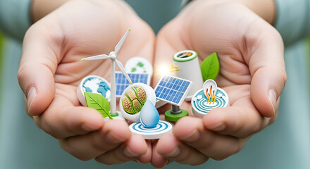 Hands holding renewable energy icons including wind turbine solar panels earth and water drop image