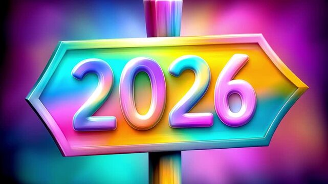 Rotating double headed arrow sign with the numbers 2026. Iridescent colors signpost with new year numerals. Rotation around its axis clockwise
