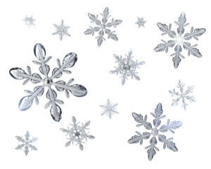 Beautiful clear crystal snowflakes on black, perfect for winter holiday designs, Christmas banners, seasonal greetings, frost patterns, or cold weather concepts. Elegant ice element.