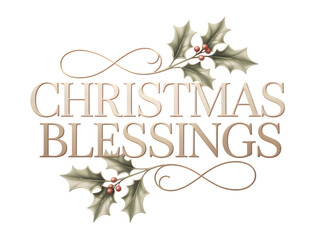 Elegant 'Christmas Blessings' text, beautifully adorned with traditional holly and vibrant red berries. Perfect for festive holiday greetings, winter celebrations, cards, banners, and seasonal desi