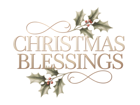 Elegant 'Christmas Blessings' text, beautifully adorned with traditional holly and vibrant red berries. Perfect for festive holiday greetings, winter celebrations, cards, banners, and seasonal desi