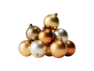 Elegant Christmas ornaments stack, metallic gold, silver, bronze baubles on black background. Perfect for festive holiday season designs, greeting cards, and banners. Minimalist decor.