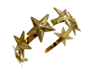 Dazzling golden star headband with sparkling glitter on a black background. Ideal festive accessory for parties, celebrations, magic, or queen/princess costumes.