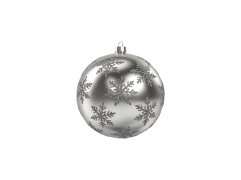 Elegant silver Christmas ornament featuring sparkling snowflake designs, perfect for festive holiday promotions, seasonal decorations, winter celebrations, greeting cards, and website backgrounds. 
