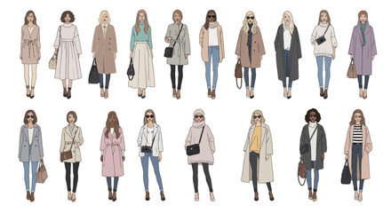 A collection of modern illustrated female characters in a clean, flat vector style.