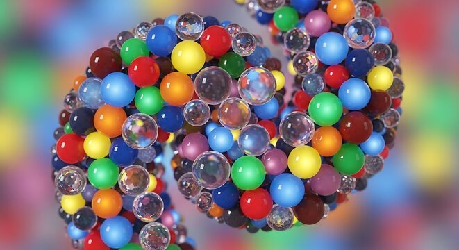 Colorful water beads arranged in a spiral pattern with a blurred background