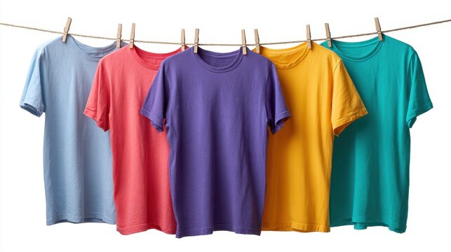 Colorful t-shirts drying on washing line isolated on white background, Laundry concept