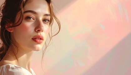 A serene portrait with pastel gradient lighting, soft shadows, warm neutral tones, and an expressive calm visual mood.