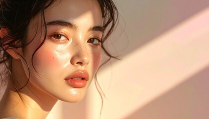 A serene portrait with pastel gradient lighting, soft shadows, warm neutral tones, and an expressive calm visual mood.