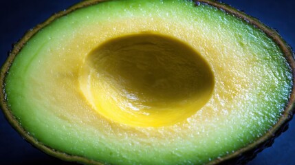 macro cross section of ripe avocado smooth buttery green flesh detailed seed cavity soft natural lighting