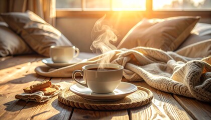 A warm morning scene with a cup of coffee on a wooden table, soft sunlight, linen textures and a cozy relaxed weekend atmosphere.