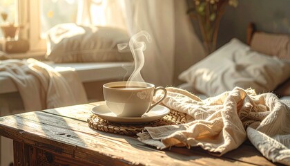 A warm morning scene with a cup of coffee on a wooden table, soft sunlight, linen textures and a cozy relaxed weekend atmosphere.