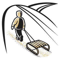 Child pulling sled while walking on snowy path in winter village  