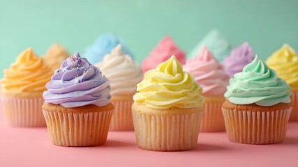 Colorful assorted cupcakes with swirled frosting on pastel background - Powered by Adobe