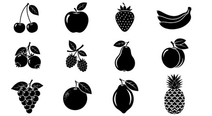 Collection of black fruit silhouettes on white background