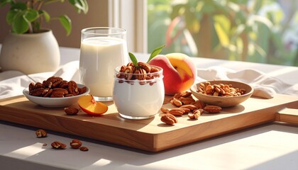 A wooden board arranged with nuts, fruits, yogurt and soft natural light, creating a clean wholesome food composition.