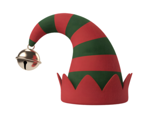 Festive Christmas elf hat with classic red and green stripes and a shining jingle bell. Perfect holiday costume accessory for seasonal celebrations, Xmas designs, and festive banner images.