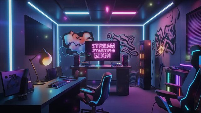 Modern Gamer Room Setup with Neon Lights and 'Stream Starting Soon' Text for overlay background streaming.